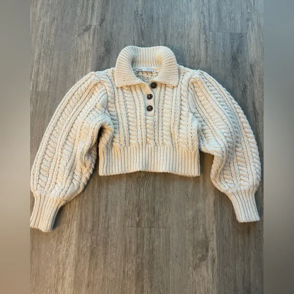 Zara Chunk Knitted Cream Crop Sweater S - Image 10