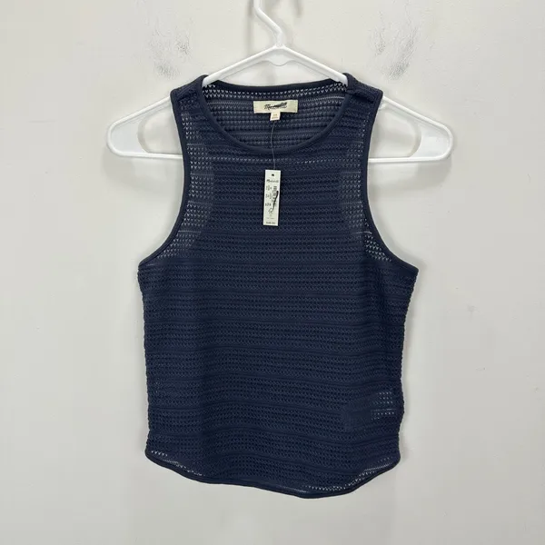 Madewell Crochet Knit Cutaway Tank Cropped Cotton Blend Ink Blue XS NWT - Image 3