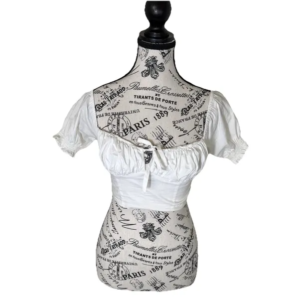 Aritzia Women's White Milkmaid Crop Top XS Puff Sleeve Tie Front Cottagecore Blouse Boho - Image 2