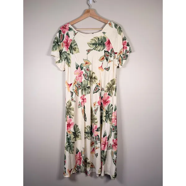Iolani Hawaii Vintage‎ Tropical Floral Rayon Jacquard Midi Dress XL Cream Pink - Image 2
