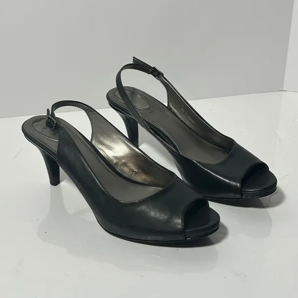 Trotters Omega Black Leather Slingback Peep Toe‎ Kitten Heels Pumps 9N - Image 10