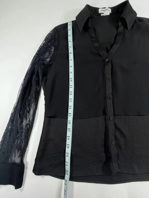 Express Gothic Romantic Floral Lace‎ Sleeve Button Front Blouse Black Womens XS - Image 3