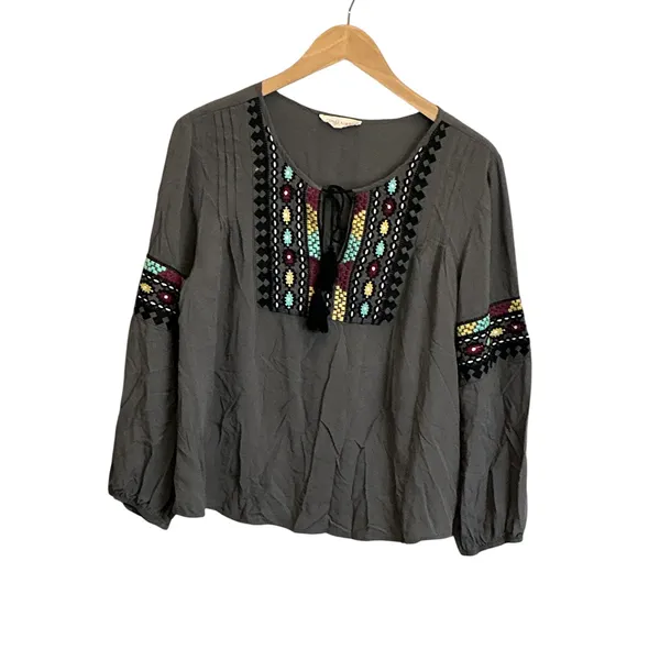 Solitaire Gray Embroidered Peasant Blouse Tassel Tie Long Sleeve Top Large - Image 3