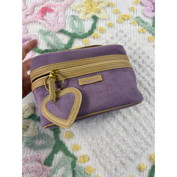 Modella‎ Purple Textured Makeup Bag Tan Trim Heart Keychain Travel Vanity Case - Image 2