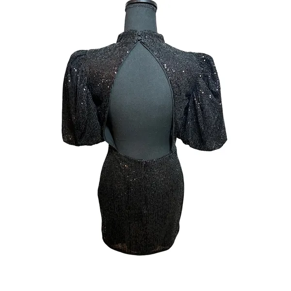Camila Coelho Black Sequin Puff Sleeve Open Back Mini Dress Small Holiday - Image 5