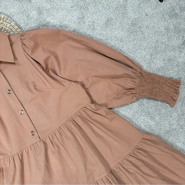 Bohme Makayla Mini Dress Smocked Balloon Sleeve Button Ruffle Tiered in Clay S - Image 5