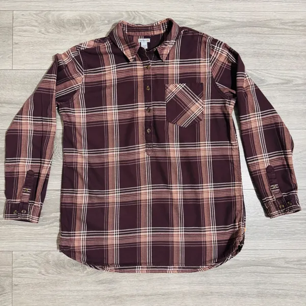 Carhartt 100% Heavy Coton Womens Burgundy Plaid‎ Flannel Henley Popover Size L - Image 9