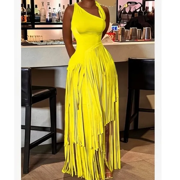 NWT ~ Women's Long Sleeveless Bright Yellow Fringe Maxi Party Dress ~ Size XL - Image 2