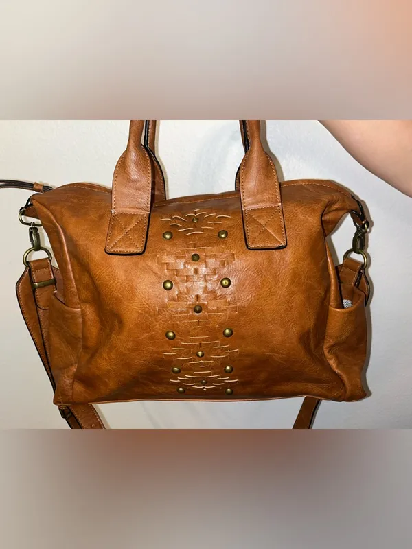 Steve Madden Brown Faux Leather Satchel Crossbody Bag Studded Boho Tote - Image 2