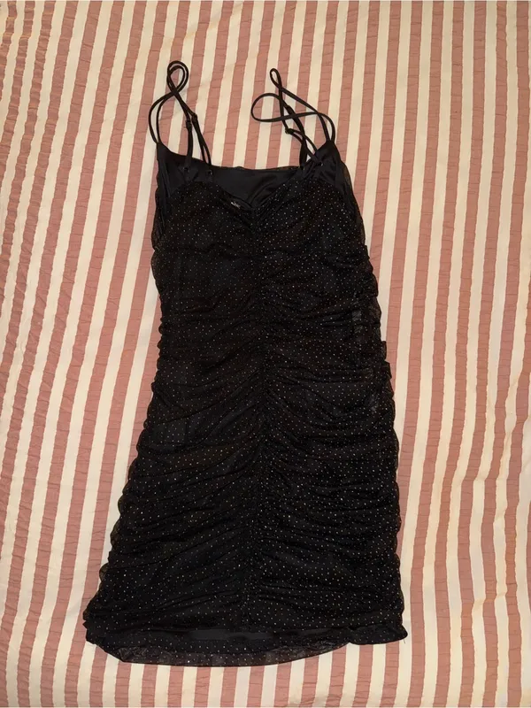 Women's Black Ruched Slip Dress with Subtle Sparkle - Image 2