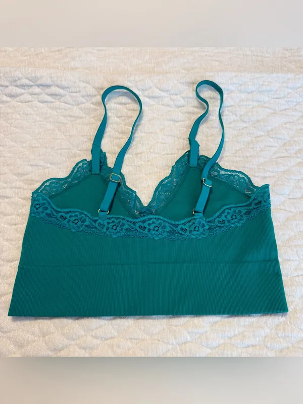George Green Teal Bralette Bra Lace Trim Size Small Ribbed - Image 4