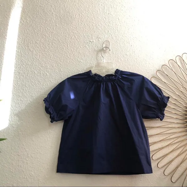 NEW Hill House The Kit Top Puff Sleeve Ruffle Navy Blue Boho Preppy Old Money XS New no tags Measurement in pics - Image 4