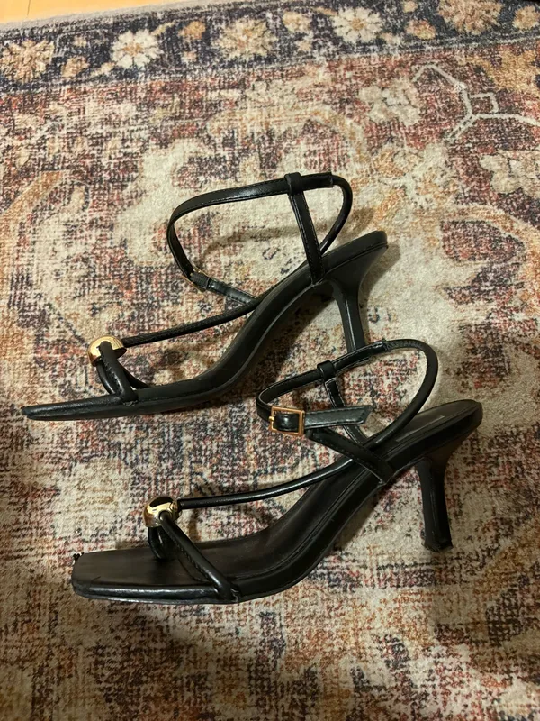 Dolce Vita Black Strappy Heeled Sandals with Gold Orb Detail - Image 2