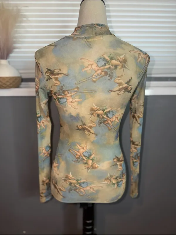 Sweet Lilac XS Cherub Angel Print Sheer Mesh Mock Neck Long Sleeve Top - Image 7