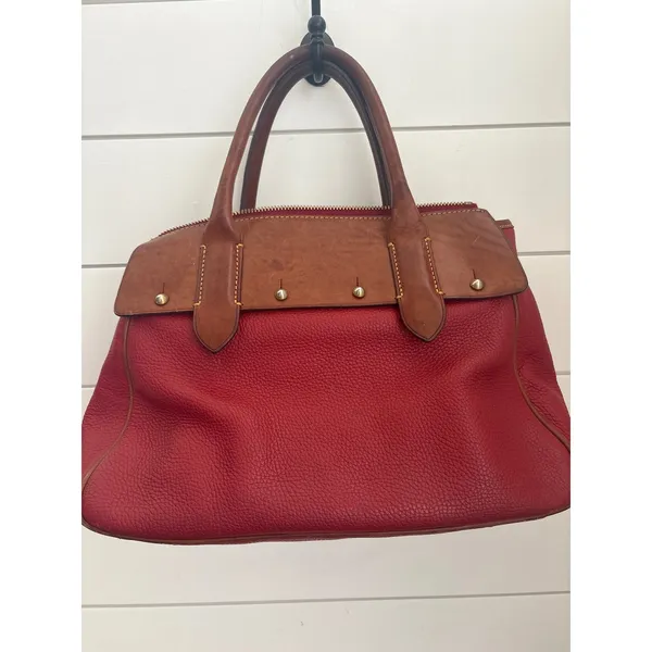 Vintage Dooney & Bourke Red Pebbled Leather Satchel Bag Tan Trim Duck Logo Large - Image 3