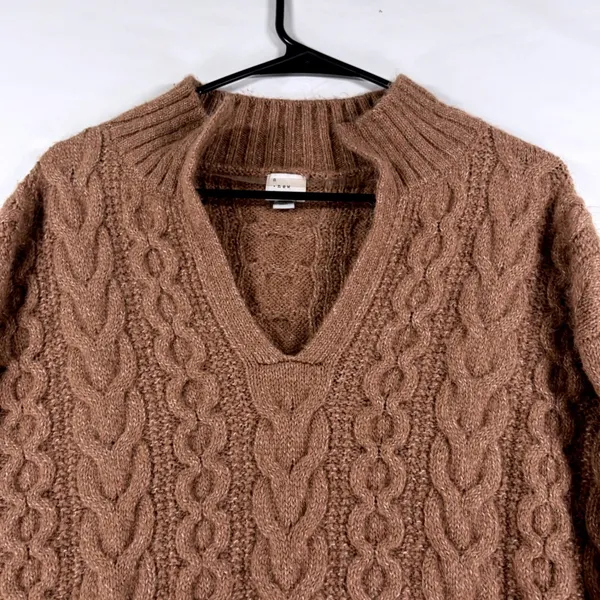 Grandma-Core Sweater A New Day Brown Cable Knit V-Neck Wool Blend Size Medium - Image 3