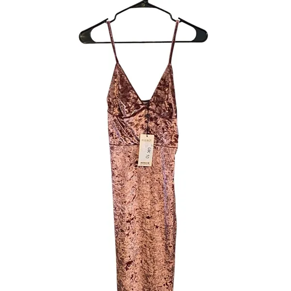 Club L London Pink Crushed Velvet Cami Midi strapless kentucky derby Party Dress - Image 9