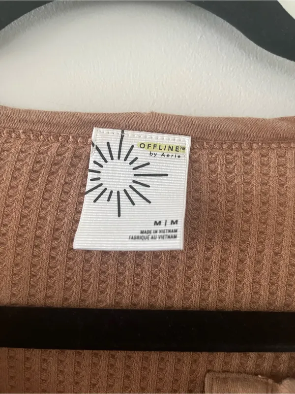 Offline by Aerie Waffle Knit Henley Top Medium Tan Oversized Long Sleeve Lounge - Image 2