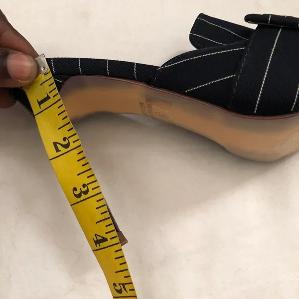 Olivia Jaymes Office Siren Core Navy white pin striped mules buckle detail 4” heels pumps - Size 8 - Image 6
