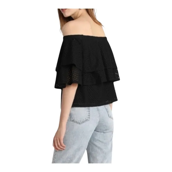 Banana Republic Eyelet Lace Off Shoulder Top Womens Small Black Tiered Ruffle‎ - Image 2