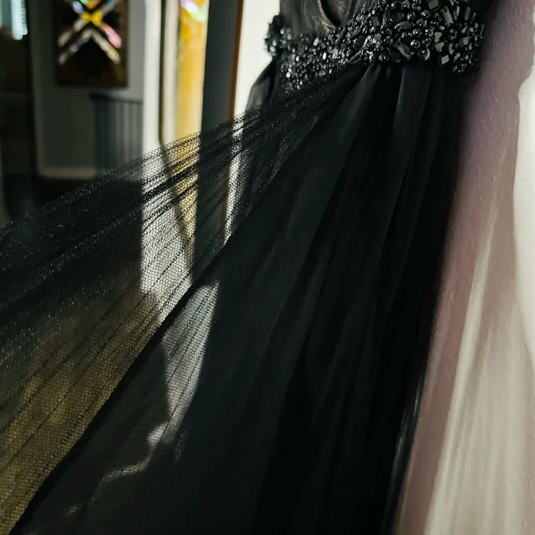 Badgley Mischka Black pleated Tulle Chiffon V-neck Gown size 2 - Image 7