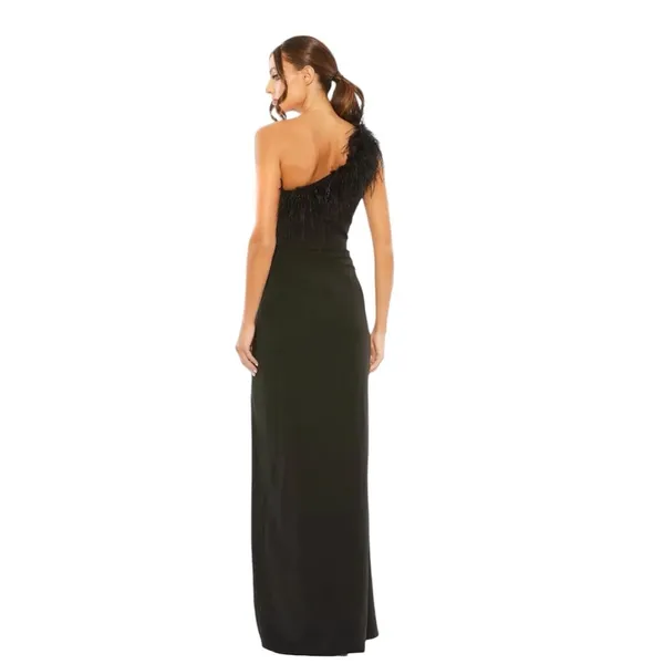 Mac Duggal 68456 Black One Shoulder Feather Trim Gown Size 6 Maxi Dress - Image 3