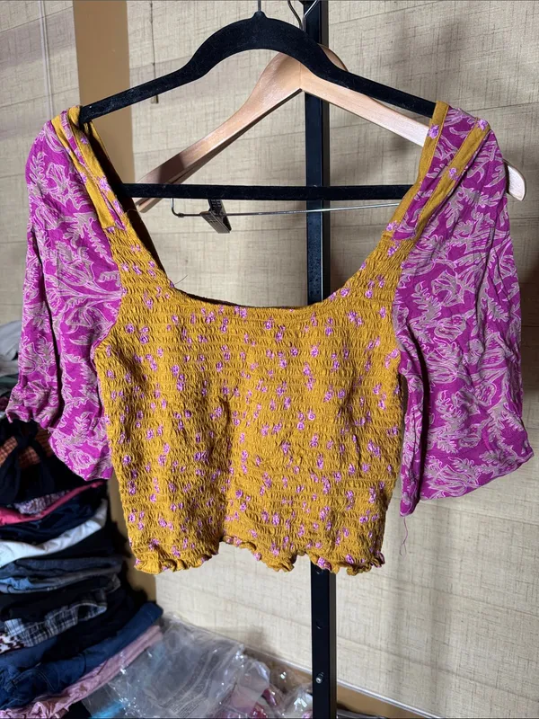 NWT Free People Marigold Tee Golden Combo Smocked Crop Top Boho Size Medium - Image 3