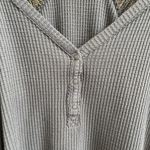 Free People Grey Yellow Stripe Sweet Confession Henley Waffle Knit Pullover - Image 8