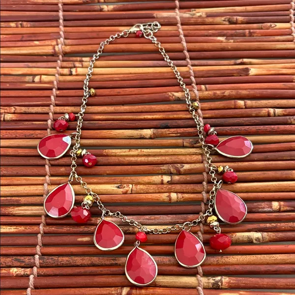 Chic Red Teardrop Necklace with Gold Accents 18”-20.5” - Image 3