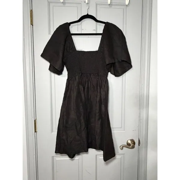Linen Puff Sleeve Mini Dress Smocked Back Cottagecore Size 10 - Image 3