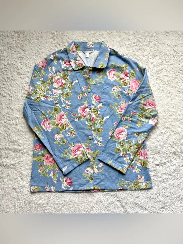 Garnet Hill Organic Cotton Heritage Flannel Pajama Top Shirt S Blue Floral NWOT - Image 3