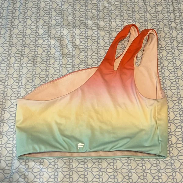 Fabletics Ombre One-Shoulder Sports Bra in Coral, Yellow, Mint - Image 2