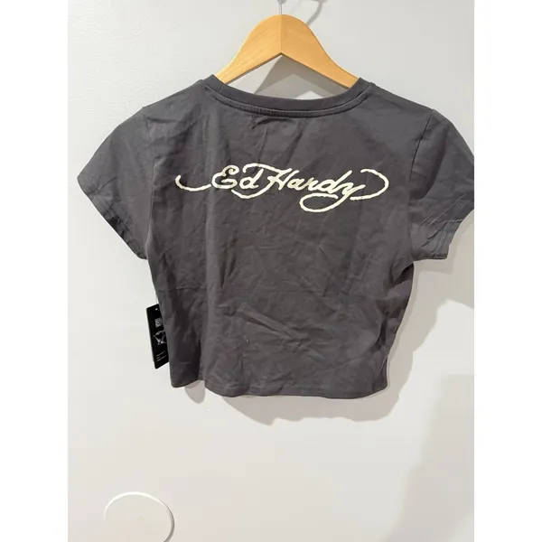 Ed Hardy‎ Rose Heart Rhinestone Charcoal Crop T-Shirt Retro Y2K NWT R - Image 4