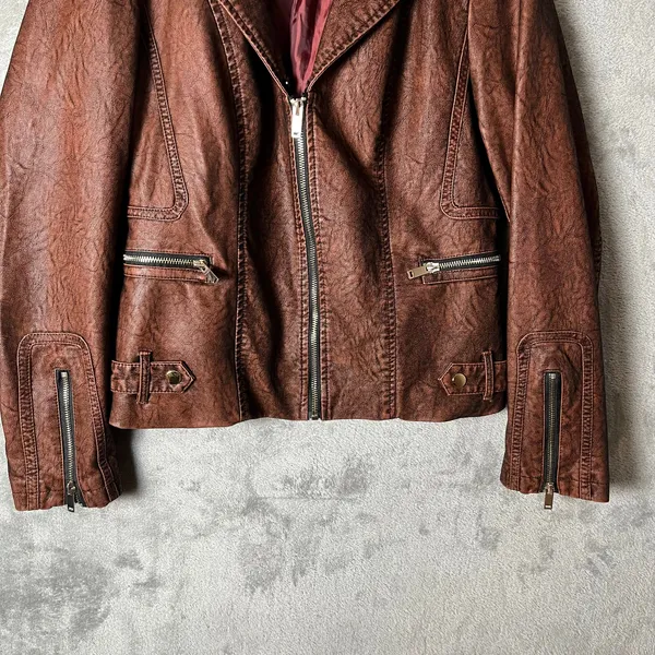 Scully Faux Leather Biker Jacket Brown Vintage Style Size Small Biker Babe Brown - Image 2