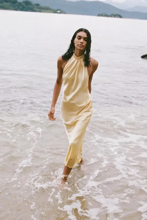 Zara butter Yellow Backless Halter maxi Dress holiday evening wedding - Image 18