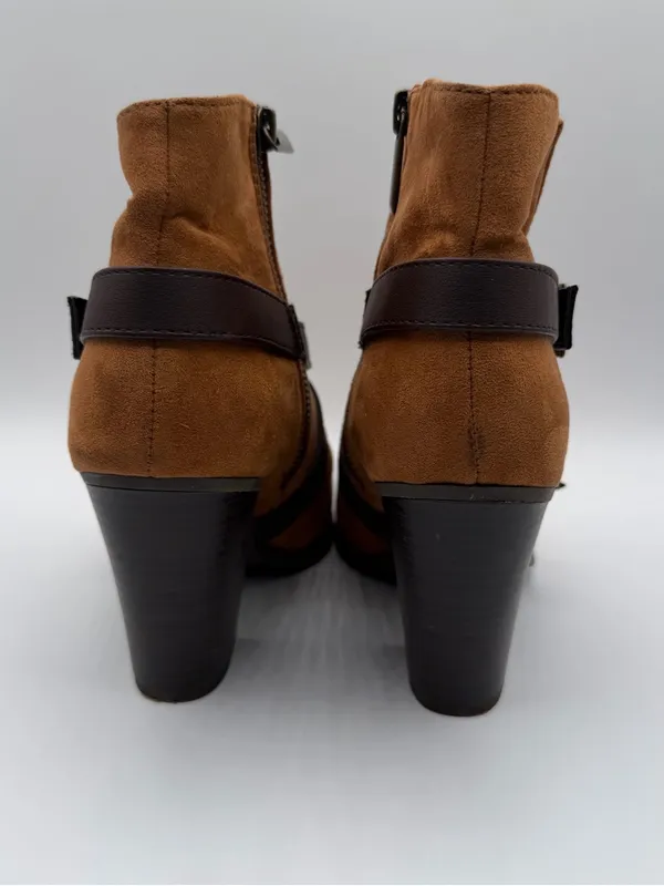 Charming Charlie Womens 7 Cognac Faux Suede Buckle Strap Block Heel Boots - Image 4