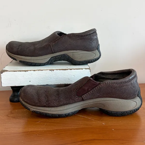 Merrell Encore Moc Floral Mahogany Brown Leather Slip On Shoes Womens 5.5 J56364 - Image 2