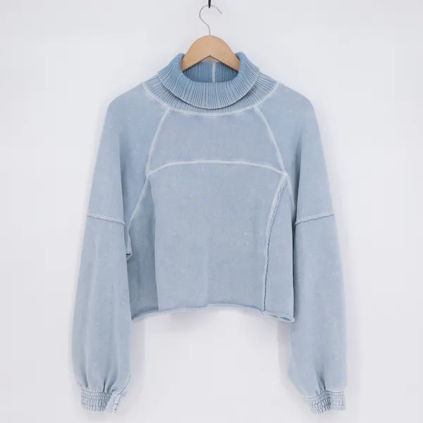 Aerie Cropped Sweater Womens Small Blue Knit Cotton Turtleneck Raglan Sleeve‎ - Image 2
