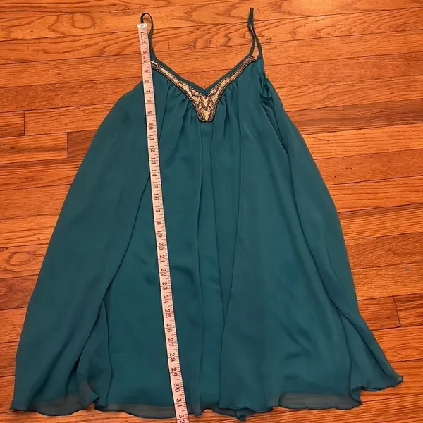 Express Babydoll Dress Womens Teal Blue Sequin Beaded V-Neck‎ Chiffon Small - Image 7