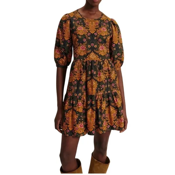 Farm Rio Arabesque Floral Mini Dress Puff Sleeve Tiered Black Yellow Large - Image 2
