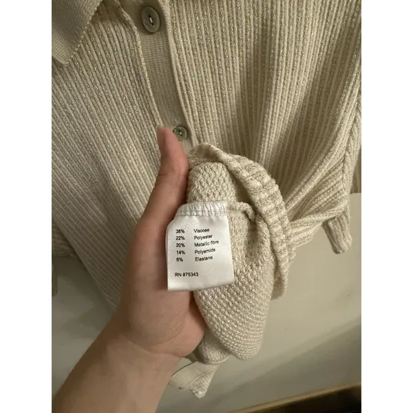 Linea Moda Italy Beige Button Down Knit Shirt M Glitter Thread‎ Short Sleeve - Image 3