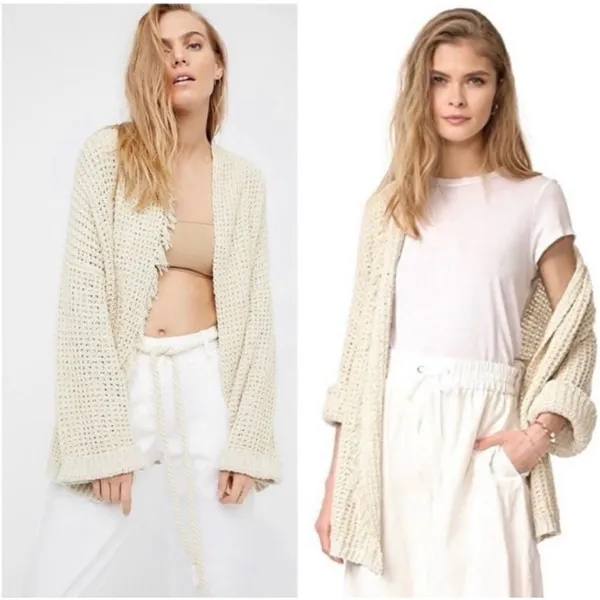 Free People Cream‎ I'II Be Around Knit Fringe Cardigan Size XS - Image 2