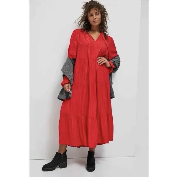 Anthropologie Maeve Wendy Tiered Maxi Dress Red Jacquard Tie Neck‎ Large Cottage - Image 4