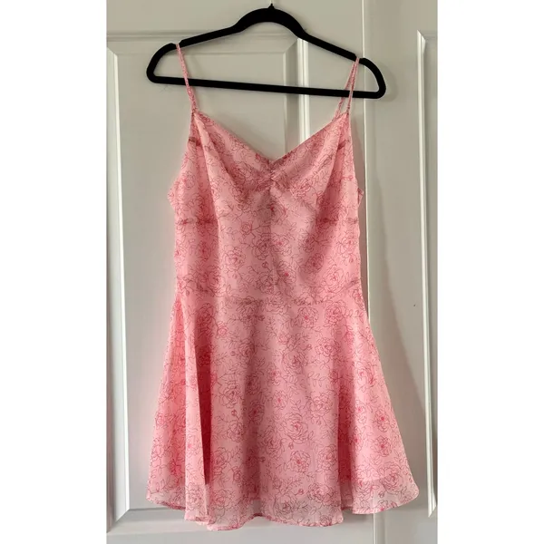 Urban Outfitters Fit-And-Flare Chiffon Mini Dress Pink Roses Medium Coquette NEW - Image 5