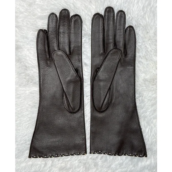 1970s Brown Deerskin Leather Gloves Contrast Whipstitch Size 7 - Image 5