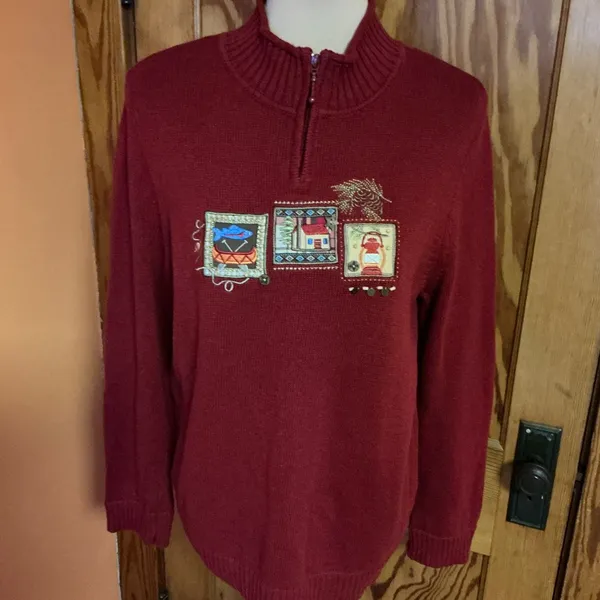 Y2K Kitschy Embroidered Sweater Cottagecore Cabin Lantern Fish Motif Zip Neck - Image 7