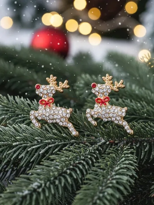 Holiday Gold Reindeer Crystal Stud Earrings - Image 2