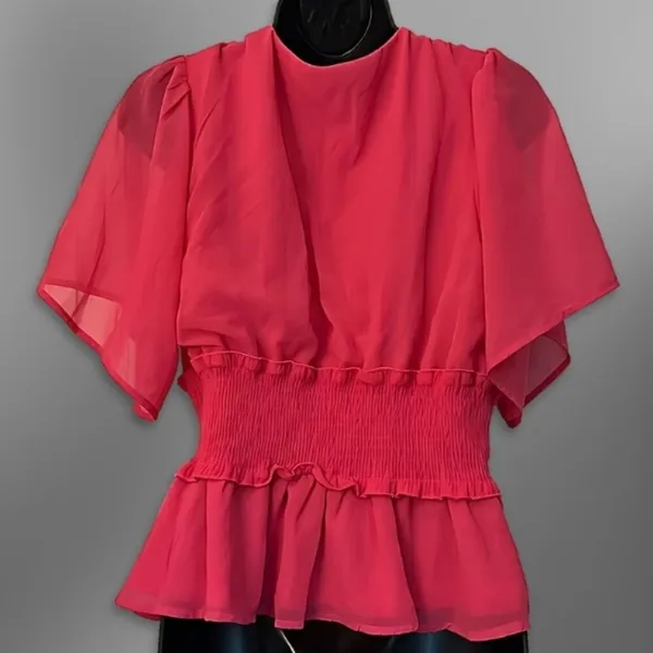 Kaleina Blouse Flowing Flutter Short Sleeves Deep V-Neckline Pink Women's L NWT - Image 2