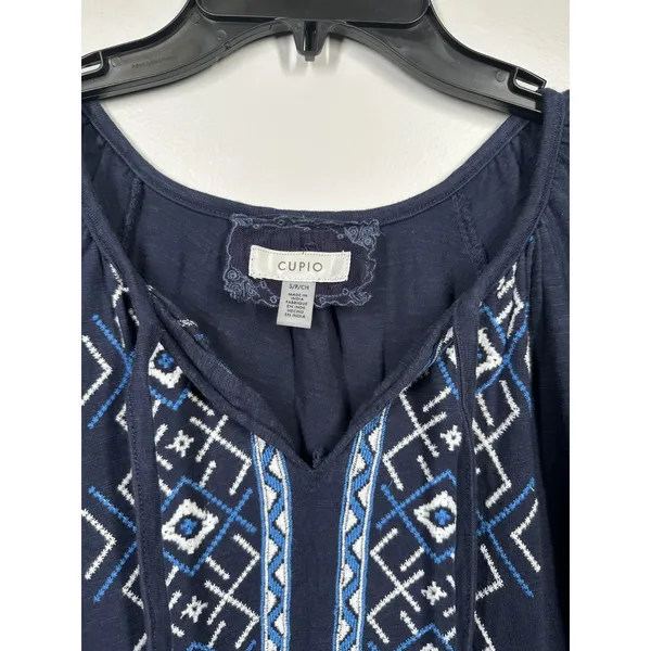 Cupio Small Dress Boho Navy Blue Embroidered Short Sleeve 100% Cotton Hippie - Image 3