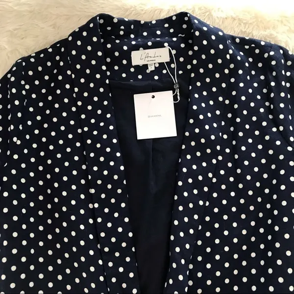 L’ACADEMIE Polka‎ Dot Linen Blazer Medium Navy Blue White Boyfriend Open Front - Image 5